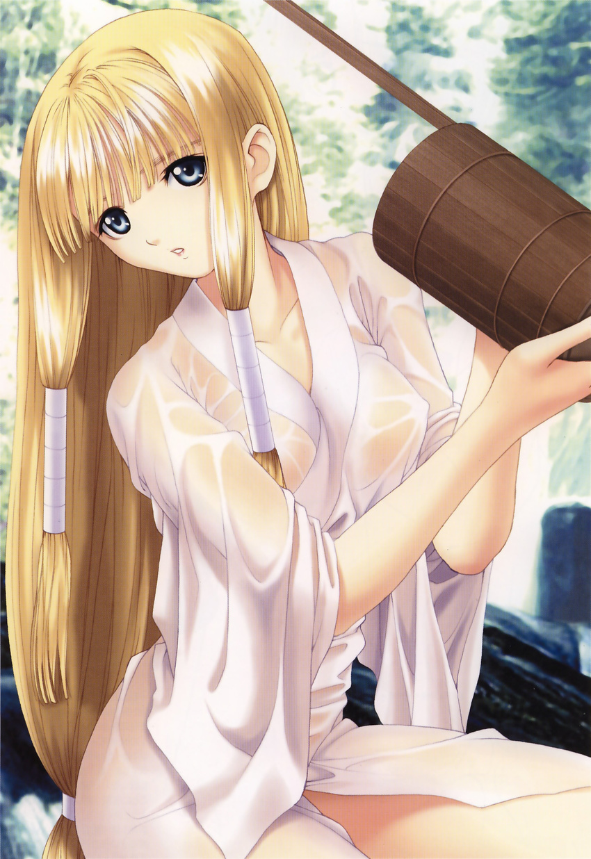 absurdres blonde_hair blue_eyes breasts highres japanese_clothes katateoke kureha_(mitama_~shinobi~) long_hair medium_breasts miko mitama_~shinobi~ scan scan_artifacts see-through solo tanaka_takayuki wet wet_clothes