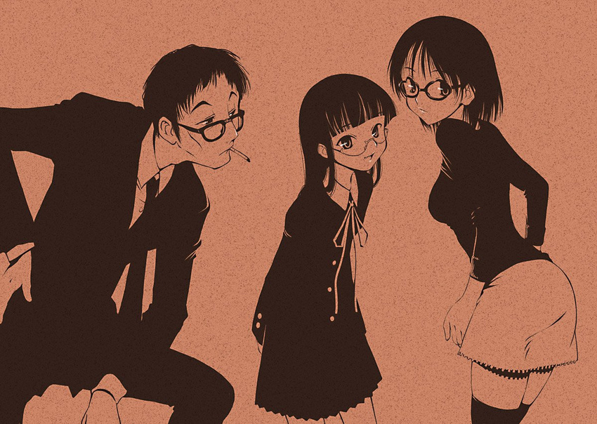 2girls arms_behind_back bad_id bad_pixiv_id bangs blunt_bangs bow cigarette dress_shirt fang formal fugetsu_taku glasses hand_on_hip hand_on_own_knee leaning long_hair looking_back monochrome multiple_girls necktie open_mouth orange_(color) original pleated_skirt raised_eyebrows school_uniform shirt short_hair skirt smile suit thighhighs