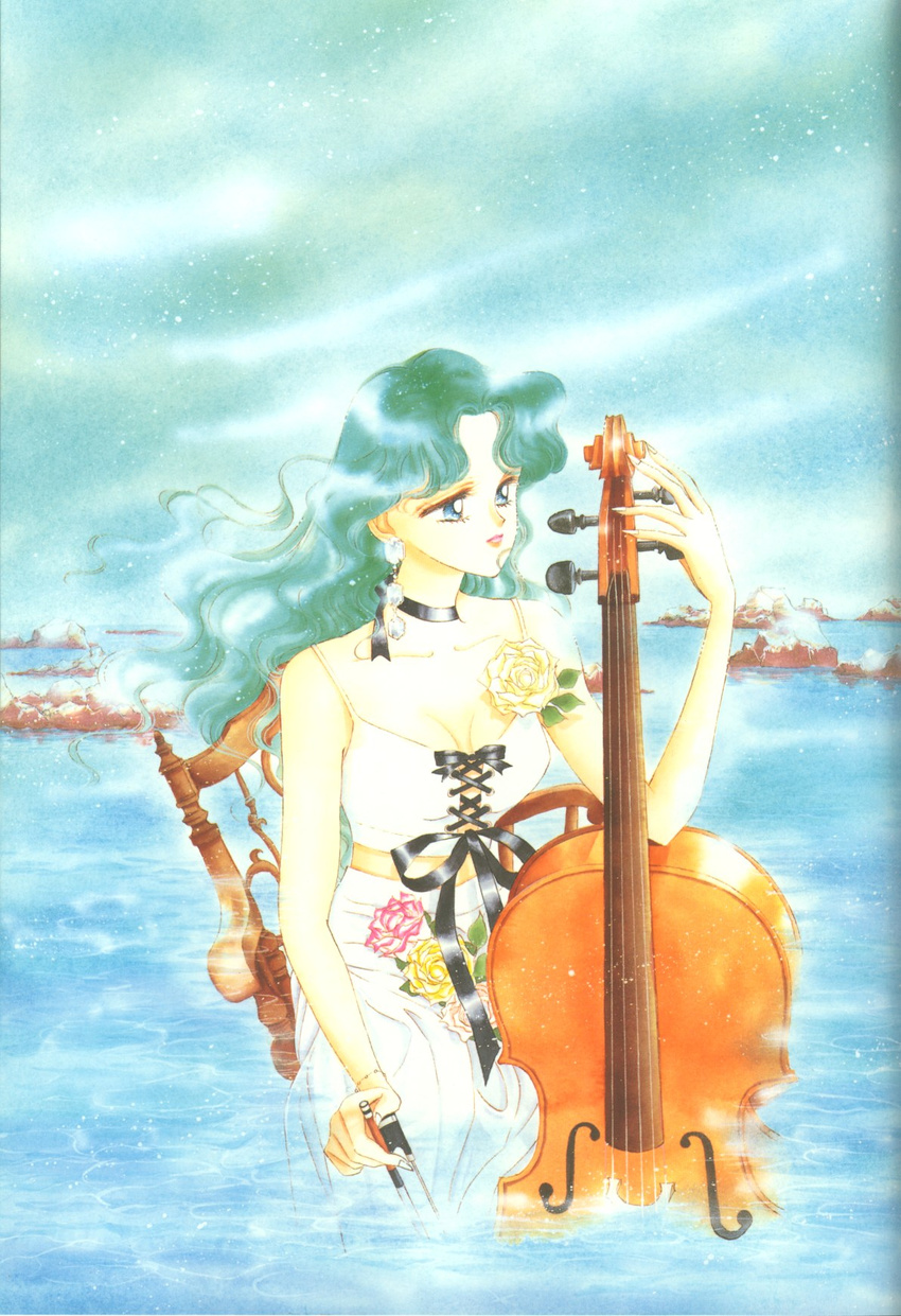 90s bishoujo_senshi_sailor_moon cello chair choker commentary dress earrings green_hair highres instrument jewelry kaiou_michiru long_hair music ocean ribbon solo takeuchi_naoko water wavy_hair