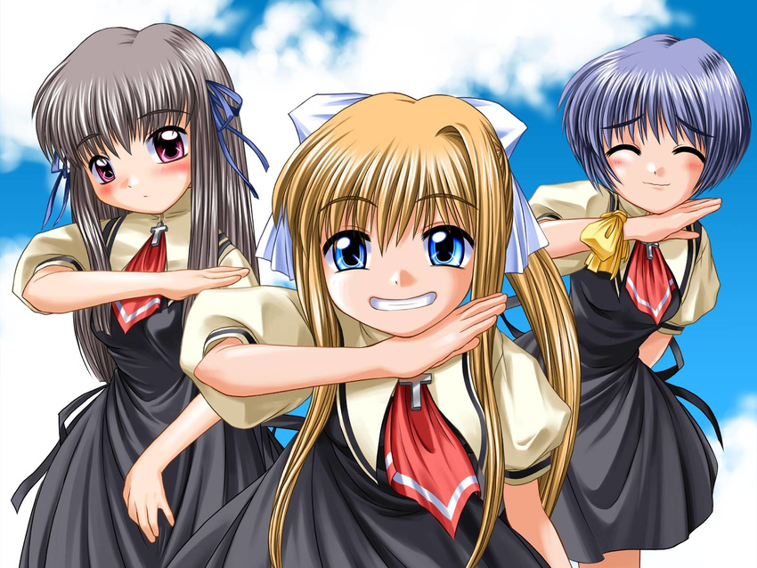 air blonde_hair blue_eyes blue_hair blush bosshi closed_eyes cloud cross day grey_hair grin hair_ribbon highres kamio_misuzu kirishima_kano latin_cross long_hair multiple_girls ponytail purple_eyes ribbon school_uniform short_hair sky smile toono_minagi wallpaper