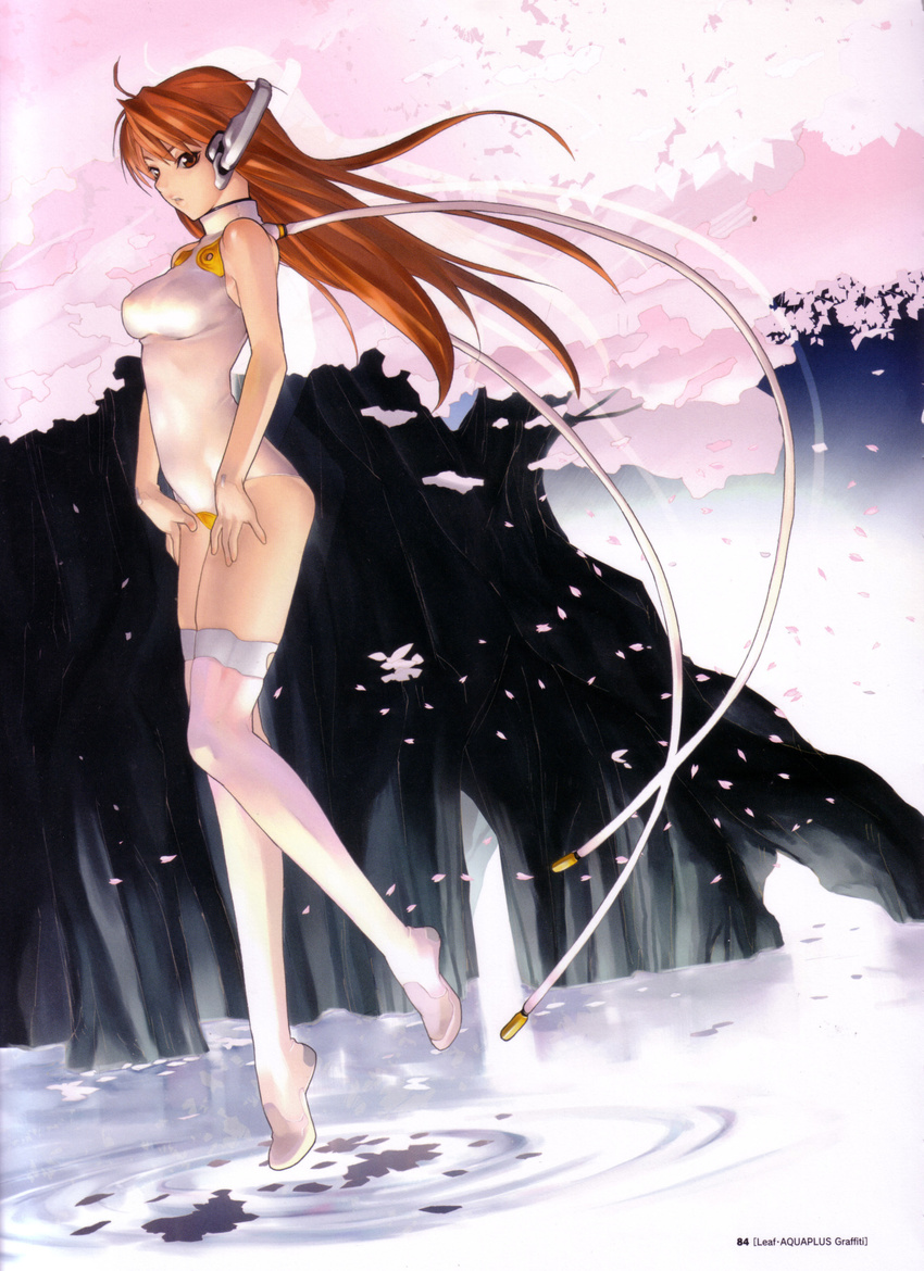 absurdres ahoge android bangs bare_shoulders boots breasts cable cherry_blossoms company_name crotch_plate drop_shadow floating floating_hair full_body hakua_ugetsu halterneck hands_on_own_thighs highres legs_together leotard long_hair long_legs looking_at_viewer medium_breasts orange_eyes orange_hair outdoors page_number parted_lips petals ripples robot_joints scan serio solo standing straight_hair thigh_boots thighhighs to_heart tree turtleneck water white_footwear white_legwear white_leotard