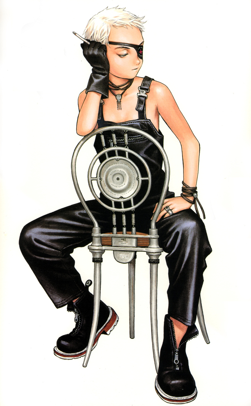absurdres androgynous ankle_boots boots bracelet chair cigarette eyepatch flat_chest full_body gloves hand_on_hip highres jewelry murata_renji naked_overalls necklace overalls reverse_trap ring scan short_hair simple_background single_glove sitting sitting_backwards solo unzipped white_hair zipper