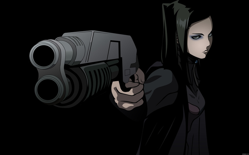 artist_request black_hair ergo_proxy eyeshadow foreshortening gun highres makeup re-l_mayer solo wallpaper weapon