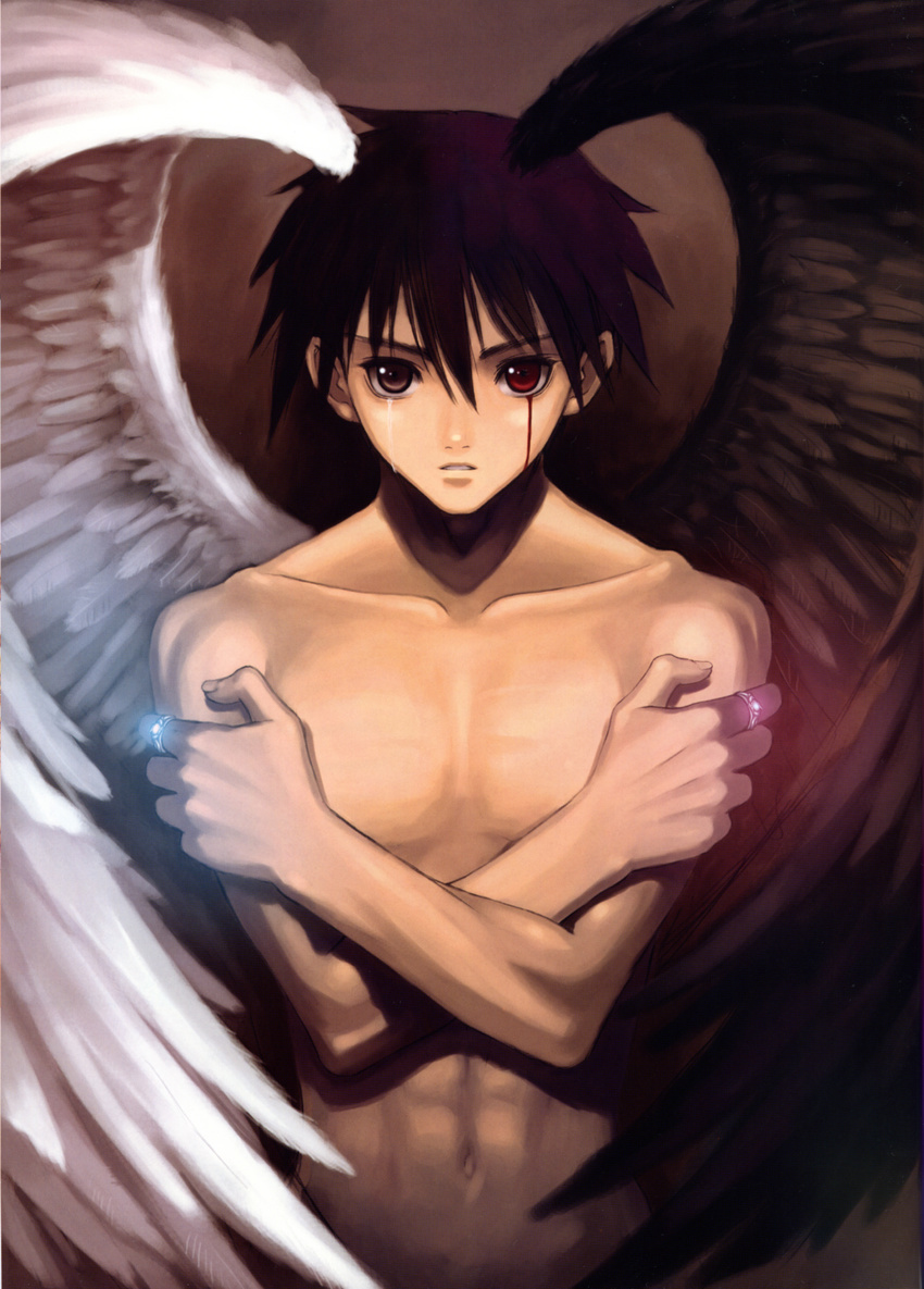 absurdres blood bloody_tears chest crossed_arms expressionless grey_eyes heterochromia highres male_focus navel red_eyes scan shining_(series) shining_tears shirtless solo tanaka_takayuki wings xion_magus