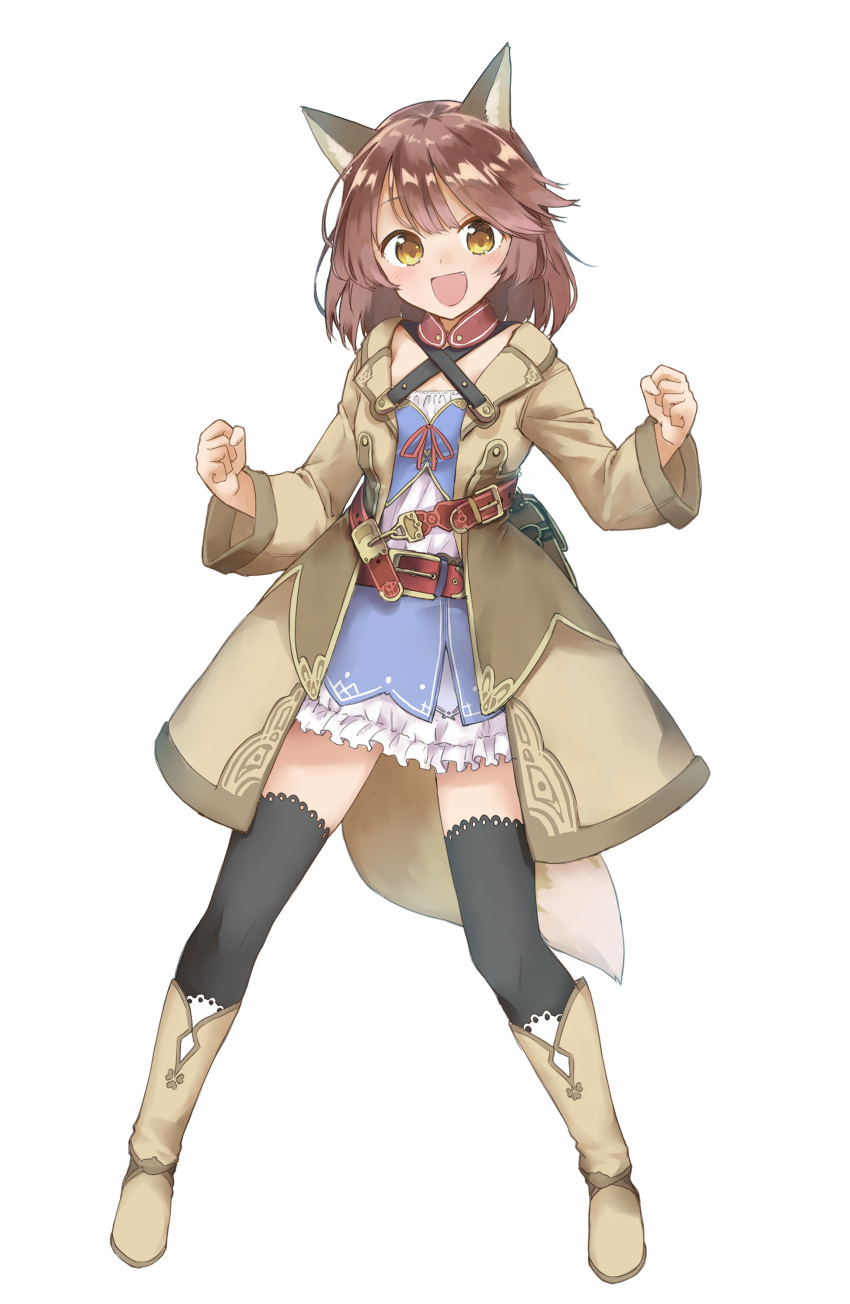 1girl :d absurdres amane_rosylily animal_ear_fluff animal_ears bangs belt belt_buckle black_legwear blush boots brown_belt brown_coat brown_eyes brown_footwear brown_hair buckle clenched_hands coat collarbone commentary_request criss-cross_halter dress eyebrows_visible_through_hair fang fox_ears fox_girl fox_tail halterneck highres knee_boots long_sleeves looking_at_viewer open_clothes open_coat open_mouth original sekira_ame simple_background smile solo standing tail thighhighs white_background white_dress