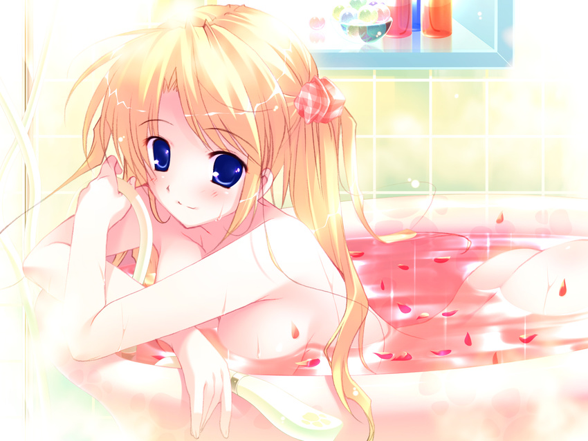 bath bathing blonde_hair blue_eyes blush copyright_request crossed_arms highres mikeou nude petals rose_petals solo twintails water