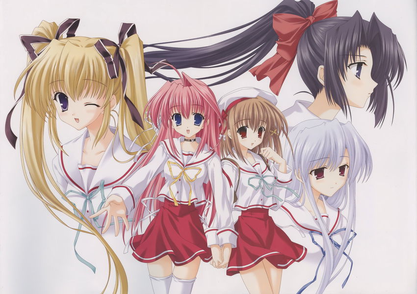 :d ;d ahoge artist_request beret black_eyes black_hair blonde_hair blue_eyes blush bow brown_eyes brown_hair choker collarbone fujimiya_chisa fukamine_riko gift_(game) gift_eternal_rainbow hair_bow hair_ribbon hat highres hokazono_rinka holding_hands interlocked_fingers kamishiro_yukari_(gift) konosaka_kirino long_hair long_sleeves looking_at_viewer multiple_girls one_eye_closed open_mouth pink_hair ponytail portrait profile purple_eyes ribbon school_uniform serafuku shirt silver_hair skirt smile thighhighs twintails upper_body very_long_hair white_legwear