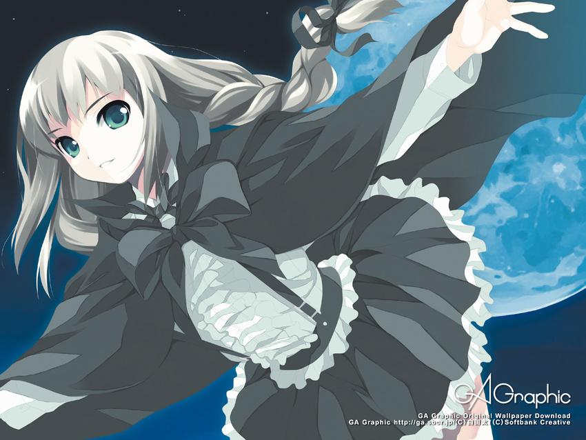 bow braid cape frills gagraphic gothic green_eyes moon night shirota_dai silver_hair skirt sky smile solo wallpaper