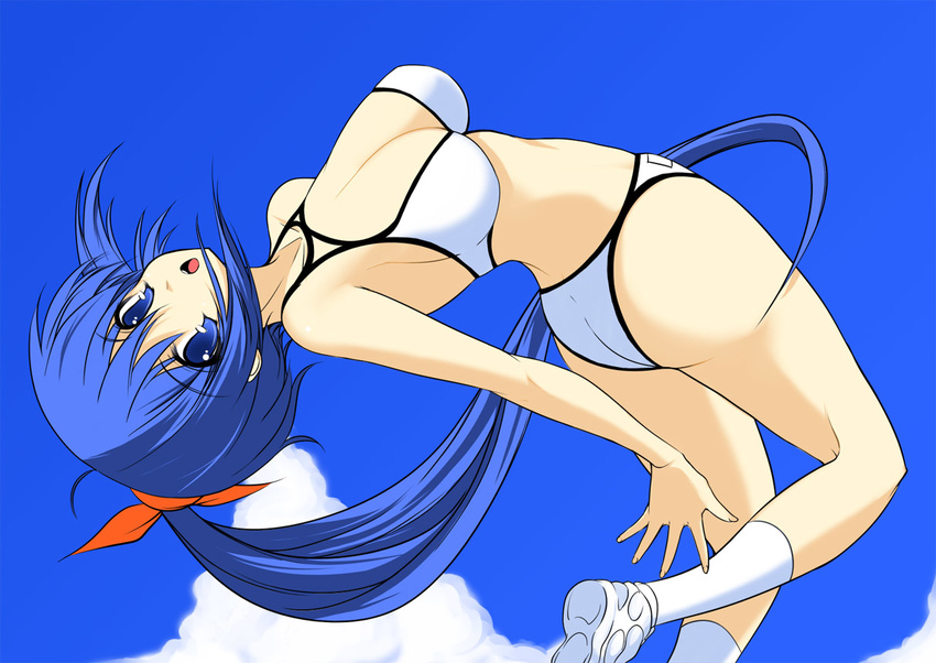 bikini blue_eyes blue_hair blush breasts cleavage jumping medium_breasts original ponytail profile shijou_sadafumi socks solo swimsuit