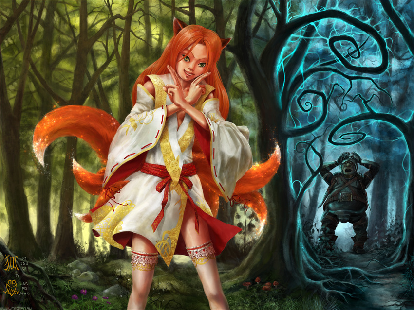 1girl animal_ears copyright_request fox_ears fox_tail green_eyes grin limfoman multiple_tails red_hair smile tail