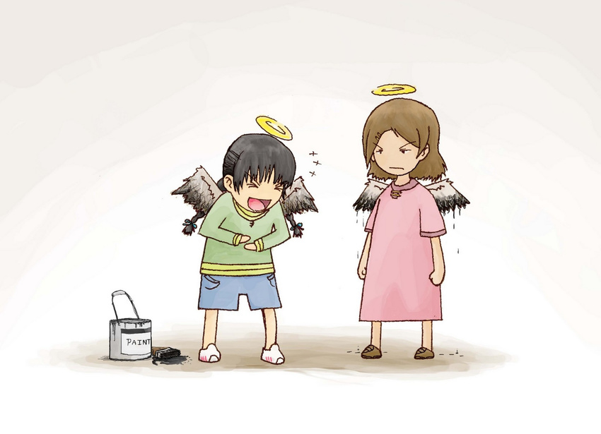 angel_wings braid haibane_renmei halo highres laughing multiple_girls nemu paint reki twin_braids wings