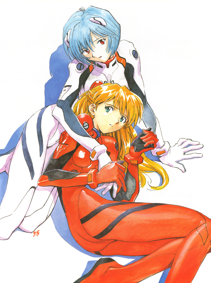 :o absurdres arm_around_neck arm_support ass ayanami_rei bangs blue_eyes blue_hair bodysuit bracer breasts clenched_hand from_above frown gloves hair_between_eyes hair_ornament head_tilt highres holding_hands hug hug_from_behind lap_pillow long_hair looking_at_viewer lying multiple_girls neon_genesis_evangelion number official_art on_side open_mouth orange_hair pale_skin parted_bangs pilot_suit plugsuit reclining red_eyes sadamoto_yoshiyuki scan shadow short_hair signature simple_background skinny small_breasts souryuu_asuka_langley turtleneck white_background white_bodysuit yuri