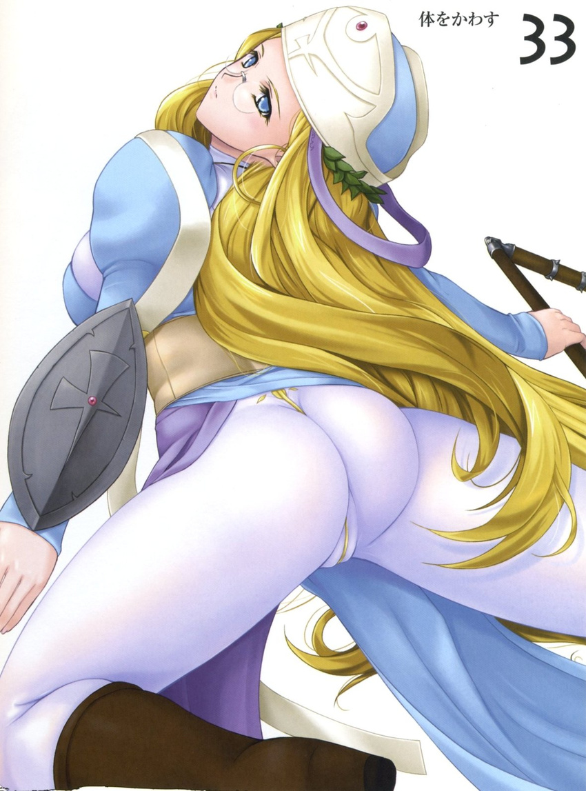 ass blonde_hair blue_eyes bodysuit cameltoe glasses highres kneeling long_hair melpha queen's_blade shield solo very_long_hair white_bodysuit zundarepon