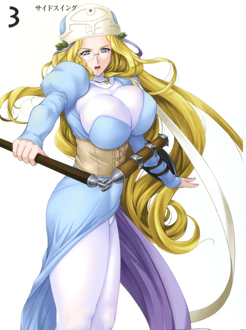 blonde_hair blue_eyes blush bodysuit breasts corset glasses highres huge_breasts long_hair melpha queen's_blade shield solo very_long_hair white_bodysuit zundarepon