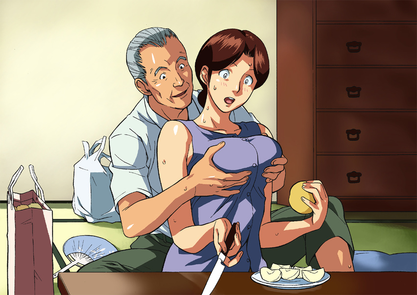 1girl :d :o age_difference apple bag black_eyes blush breast_grab breasts brown_hair buttons chest_of_drawers cirima constricted_pupils fan food fruit grabbing grabbing_from_behind grey_hair groceries groping hair_bun hetero hikaru_no_go holding holding_food holding_fruit housewife indoors knife large_breasts leaning mature naughty_face old_man on_floor open_mouth pants paper_fan peeling plate shindou_heihachi shindou_mitsuko short_hair sitting sitting_on_lap sitting_on_person smile spread_legs surprised sweat table tank_top tatami uchiwa white_eyes