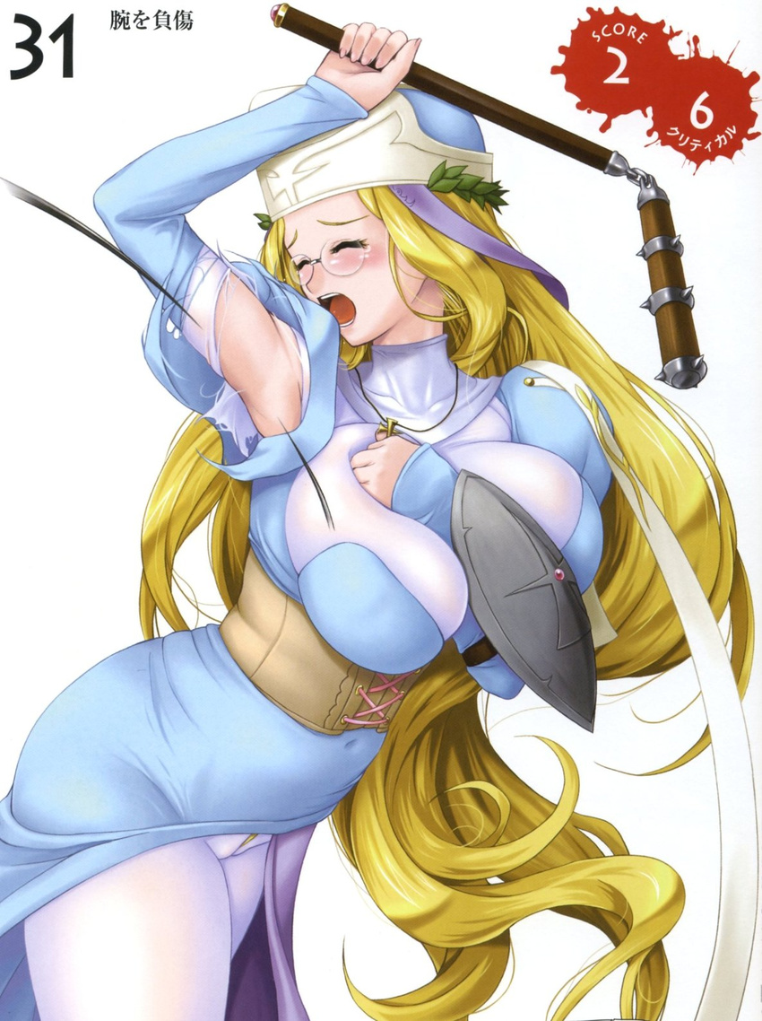 blonde_hair blush bodysuit breast_press breast_squeeze breasts corset glasses highres huge_breasts long_hair melpha queen's_blade shield solo tearing_clothes torn_clothes very_long_hair white_bodysuit zundarepon