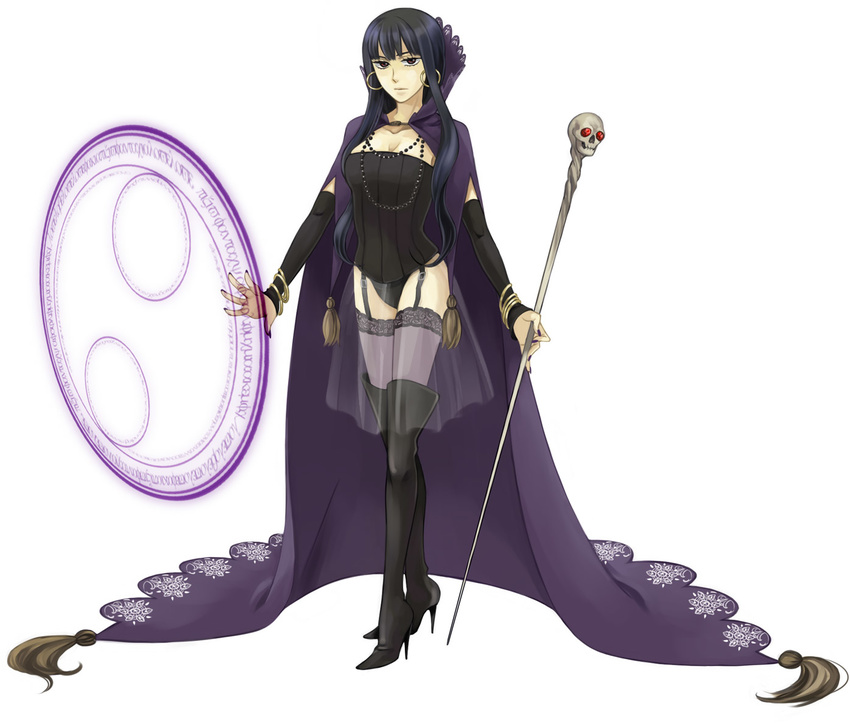 bad_id bad_pixiv_id black_hair boots cape detached_sleeves garter_belt high_heel_boots high_heels long_hair magic magic_circle monaka nail_polish panties pixiv_fantasia pixiv_fantasia_1 purple_nails red_eyes shoes solo staff thigh_boots thighhighs underwear witch