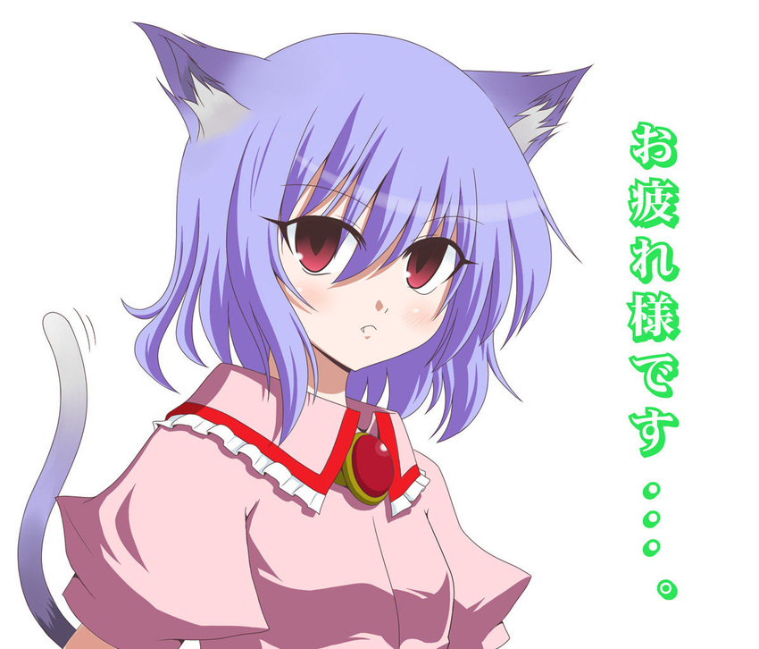 animal_ears blue_hair bluepony blush brooch cat_ears cat_tail closed_mouth fang_out frilled_shirt_collar frills hair_between_eyes jewelry kemonomimi_mode looking_at_viewer no_hat no_headwear puffy_short_sleeves puffy_sleeves red_eyes remilia_scarlet short_hair short_sleeves simple_background solo tail touhou translated upper_body