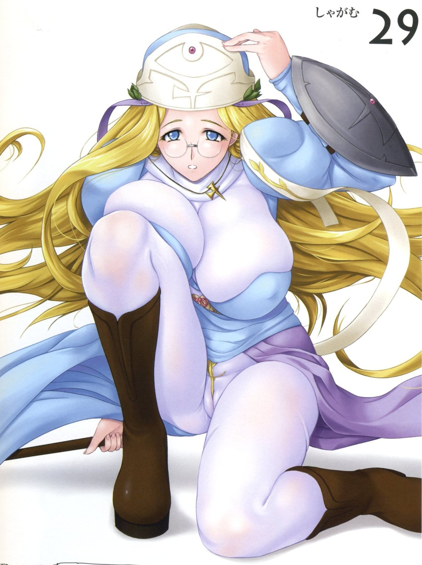 blonde_hair blue_eyes blush bodysuit breast_press breasts cameltoe club glasses high_heels highres huge_breasts long_hair melpha pantyhose queen's_blade shield shoes solo very_long_hair weapon white_bodysuit zundarepon