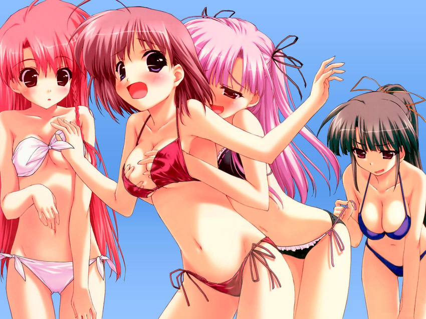 ahoge assisted_exposure bandeau bare_shoulders bikini bikini_lift blue_eyes blush bow boy_meets_girl braid breast_grab breast_squeeze breasts cleavage collarbone flat_chest frilled_bikini frills front-tie_top grabbing grey_hair groping hair_ribbon highres kasugano_haruna kumotani_chizuru large_breasts leaning_forward long_hair lowleg lowleg_bikini multiple_girls naughty_face navel non-web_source open_mouth pink_hair ponytail purple_eyes purple_hair red_eyes ribbon shingyouji_mao shintarou short_hair side-tie_bikini side_braid simple_background single_braid smile strapless striped striped_swimsuit surprised surprised_arms swimsuit tsubasa_miu tubetop two_side_up underboob untied very_long_hair wallpaper