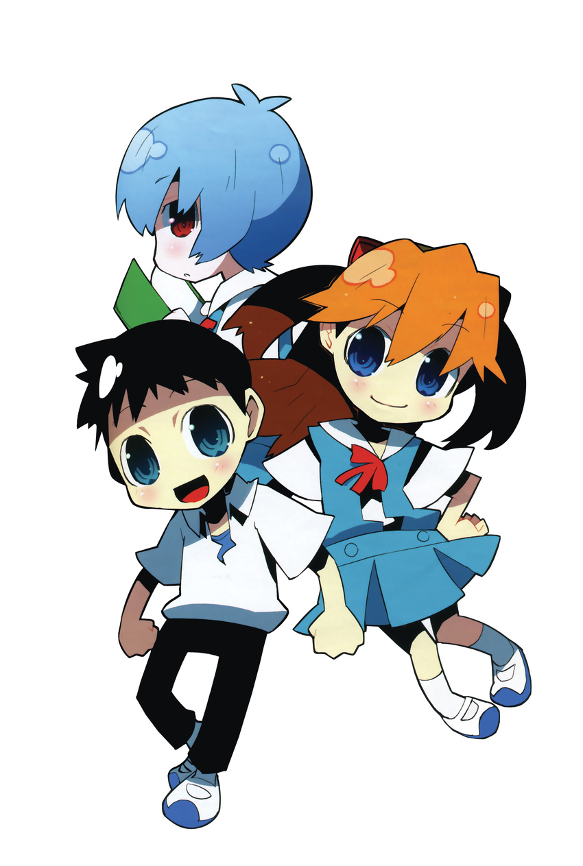 2girls absurdres ayanami_rei black_hair blue_eyes blue_hair book chibi hamamoto_ryuusuke highres ikari_shinji multiple_girls neon_genesis_evangelion orange_hair petit_eva:_evangelion@school red_eyes scan souryuu_asuka_langley