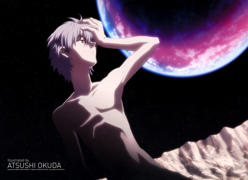 absurdres armpits evangelion:_1.0_you_are_(not)_alone hand_on_own_head highres male_focus moon nagisa_kaworu neon_genesis_evangelion night night_sky nude okuda_atsushi rebuild_of_evangelion red_eyes silver_hair sky smile solo