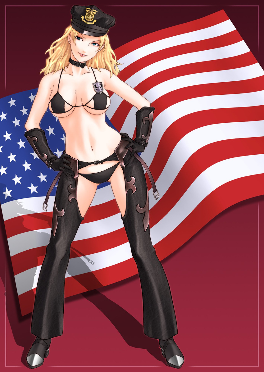 america american_flag aqua_eyes bad_id bad_pixiv_id badge bikini black_bikini black_gloves blonde_hair boots breasts chaps collar dixie_clemets flag gloves hands_on_hips hat head_tilt high_heels highres large_breasts lipstick long_hair lowleg lowleg_bikini makeup micro_bikini peaked_cap police rumble_roses sgt._clemets shadow shoes shoumaru_(gadget_box) smile solo standing swimsuit underboob