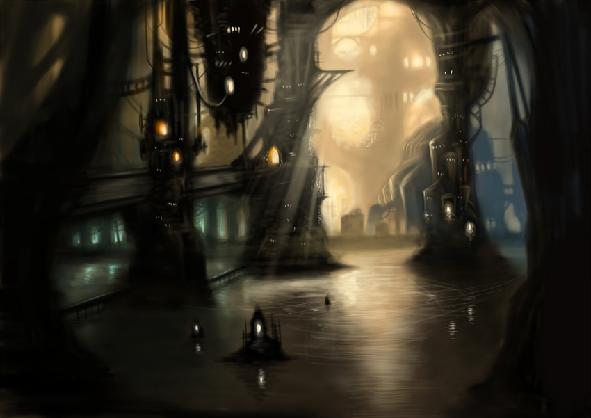 bad_pixiv_id building cable cave copyright_request gia no_humans scenery science_fiction water