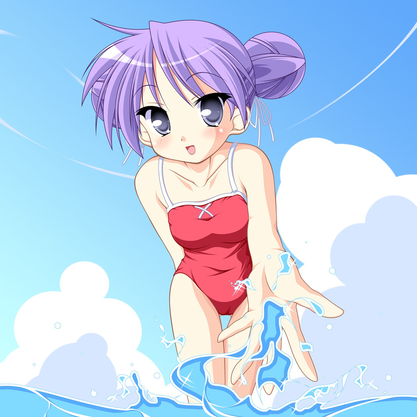 alternate_hairstyle double_bun highres hiiragi_kagami kakesu lucky_star one-piece_swimsuit purple_hair solo swimsuit