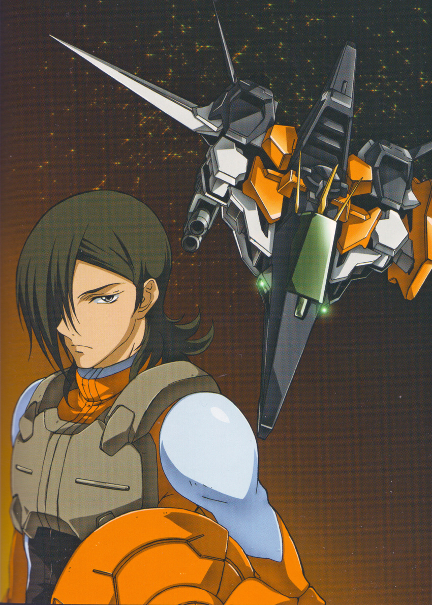 absurdres allelujah_haptism chiba_michinori green_hair gundam gundam_00 hair_over_one_eye helmet highres male_focus mecha official_art solo