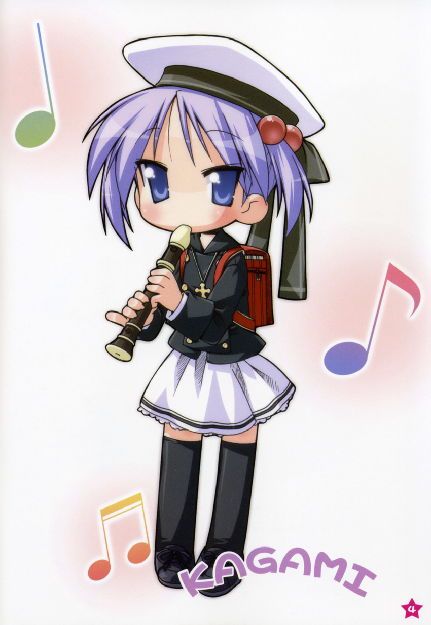 absurdres bag bookbag bow hair_bow hat highres hiiragi_kagami instrument lucky_star recorder sailor_hat school_uniform solo thighhighs yoshimizu_kagami