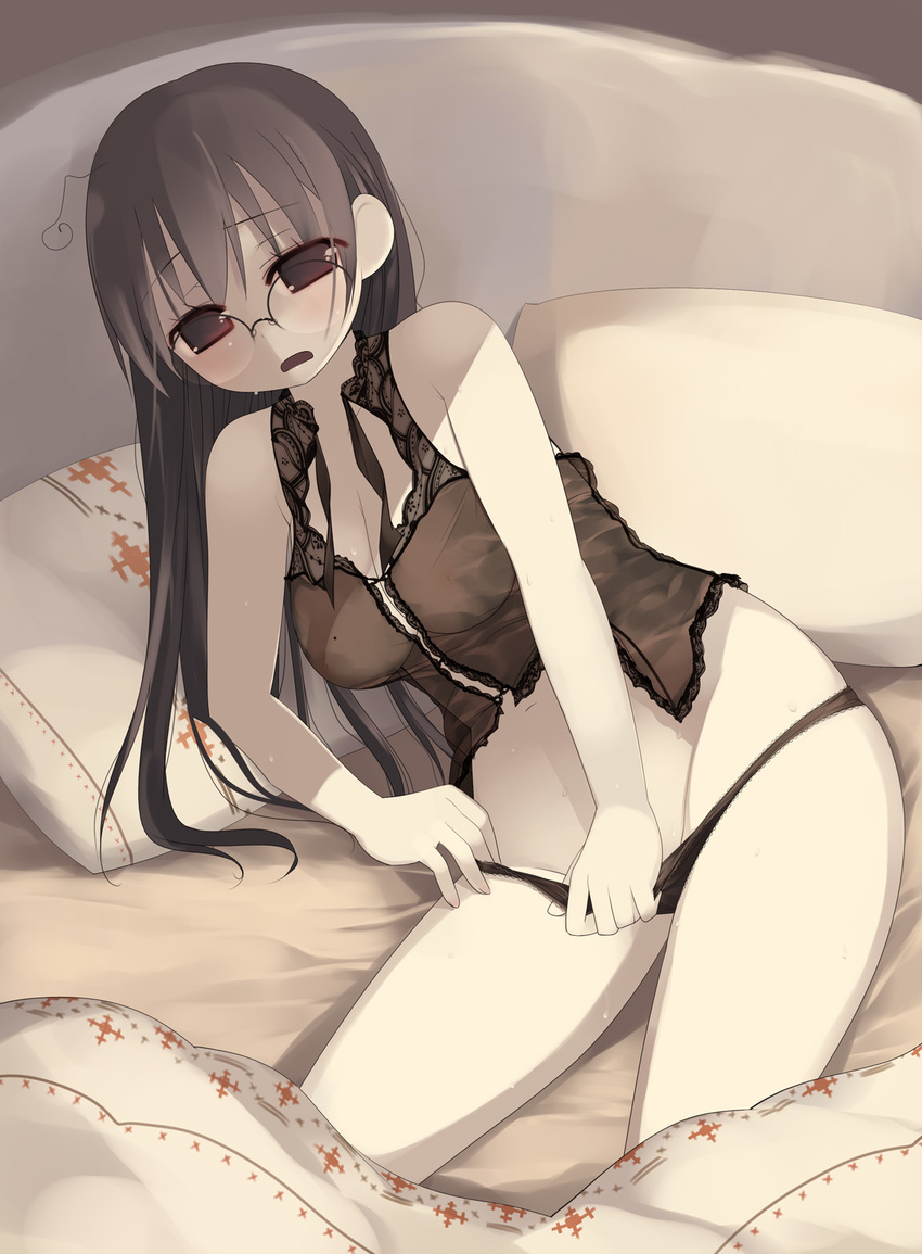 ahoge arima_senne breasts camisole glasses highres kashiwamochi_yomogi lingerie medium_breasts mole mole_on_breast original panties panty_pull see-through solo underwear