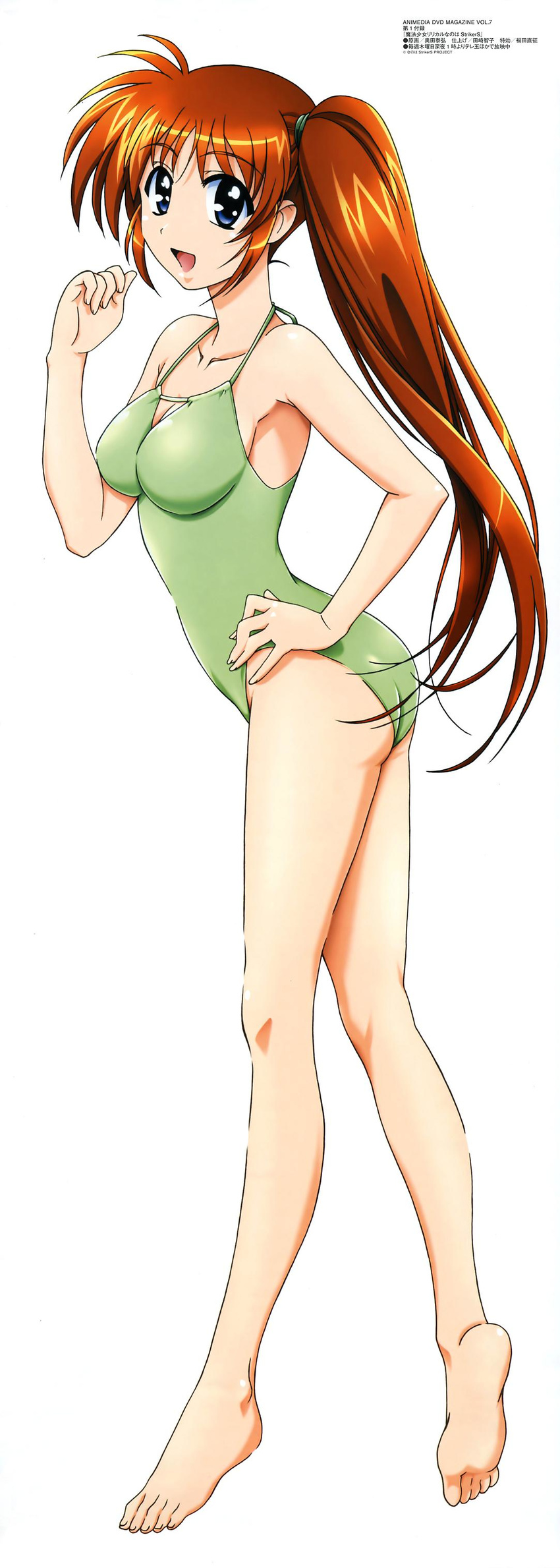 :d absurdres armpits ass barefoot breasts casual_one-piece_swimsuit cleavage cleavage_cutout feet fingernails from_side full_body green_swimsuit hand_on_hip highres kneepits legs long_fingernails long_hair long_image long_legs looking_at_viewer lyrical_nanoha mahou_shoujo_lyrical_nanoha_strikers medium_breasts official_art okuda_yasuhiro one-piece_swimsuit open_mouth purple_eyes red_hair scan scrunchie shiny shiny_hair side_ponytail simple_background smile soles solo standing stick_poster swimsuit takamachi_nanoha tall_image very_long_hair white_background