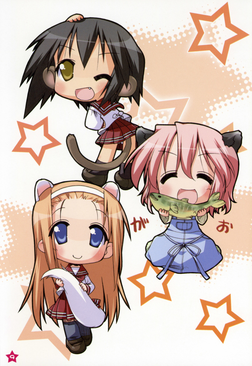 absurdres animal_ears apron cat_ears dog_ears dog_tail fang fish highres kusakabe_misao lucky_star minegishi_ayano monkey_girl multiple_girls ryouou_school_uniform school_uniform serafuku tail takara_yukari yoshimizu_kagami