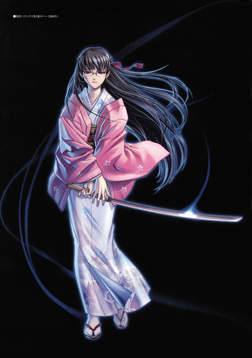 absurdres backlighting bangs black_background black_hair black_lagoon blue_eyes braid cherry_blossoms crossed_arms dated floating_hair french_braid full_body glasses glint hair_ribbon highres hiroe_rei holding holding_weapon japanese_clothes katana kimono long_hair long_sleeves looking_at_viewer mole mole_under_mouth obi official_art open_clothes outline petals ribbon rimless_eyewear sandals sash scan solo standing sword tabi very_long_hair washimine_yukio weapon