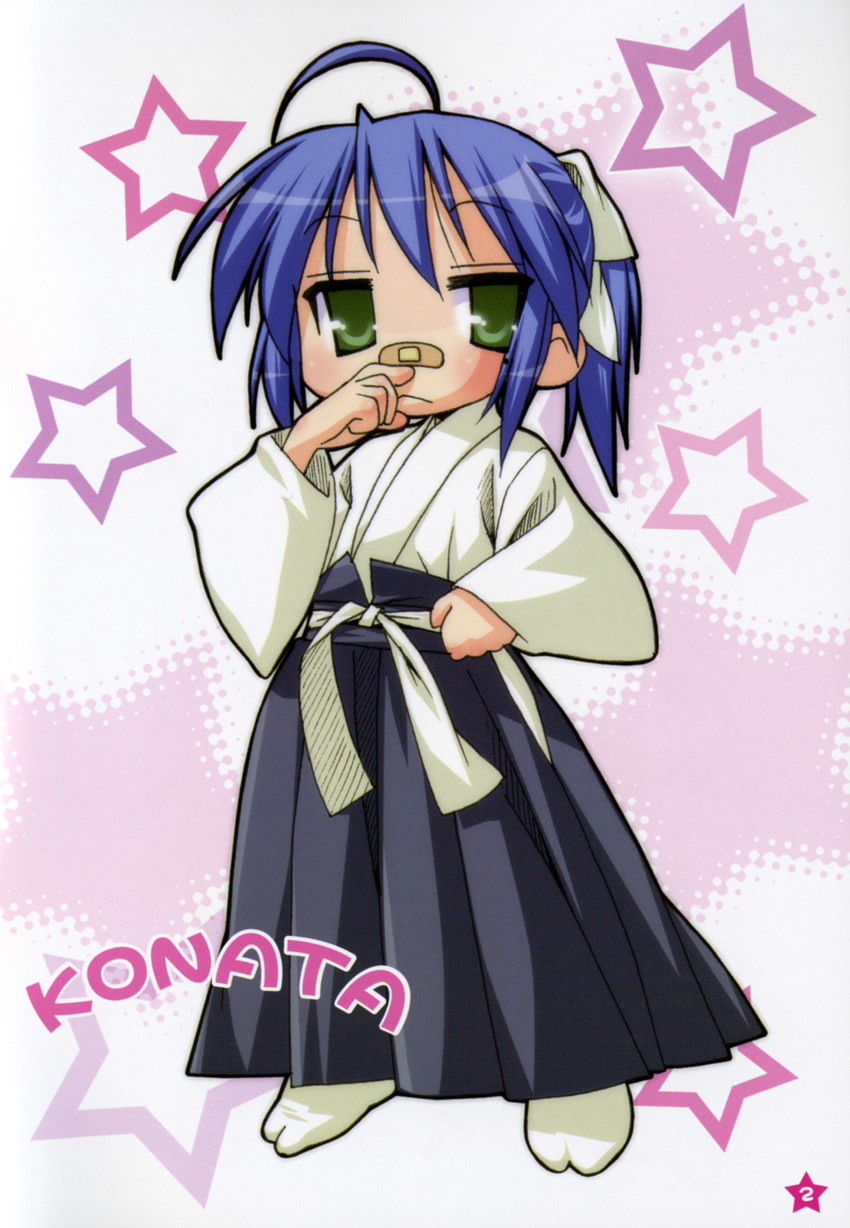 absurdres ahoge bandaid bandaid_on_nose black_hakama bow hair_bow hakama highres izumi_konata japanese_clothes lucky_star solo yoshimizu_kagami