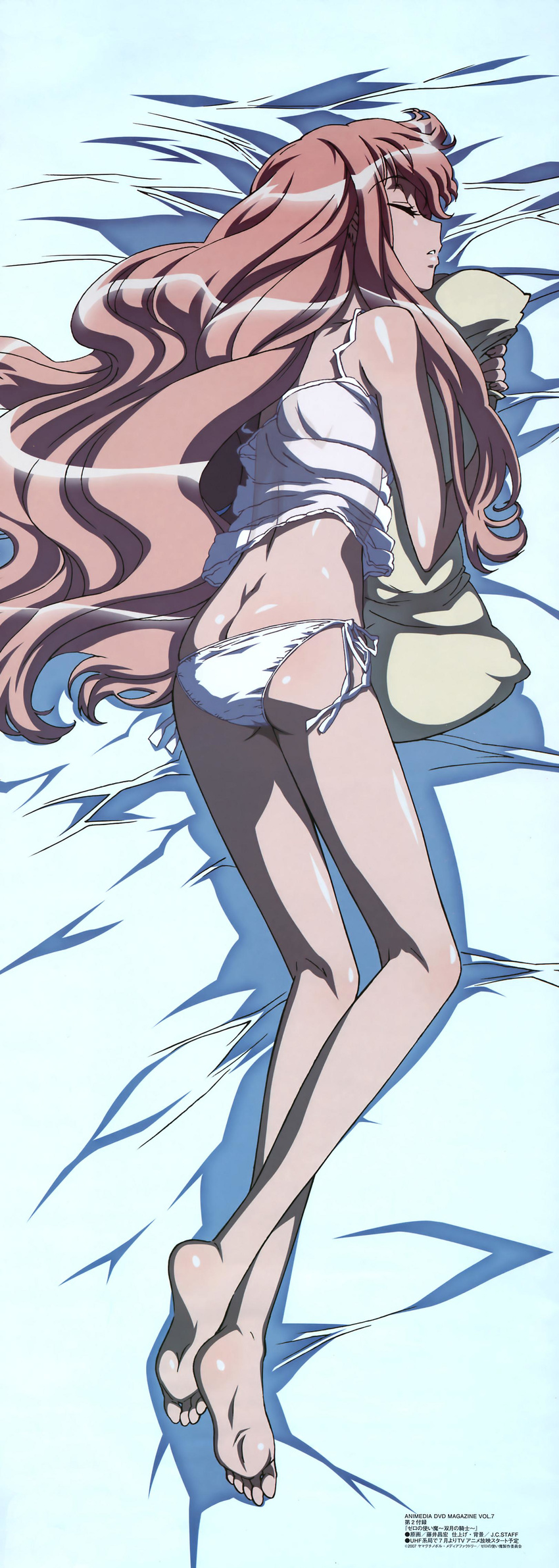 absurdres animedia bare_shoulders bed_sheet butt_crack camisole closed_eyes feet fujii_masahiro highres legs long_hair long_legs louise_francoise_le_blanc_de_la_valliere panties pillow pillow_hug pink_hair pinup scan side-tie_panties sleeping solo underwear underwear_only white_panties zero_no_tsukaima