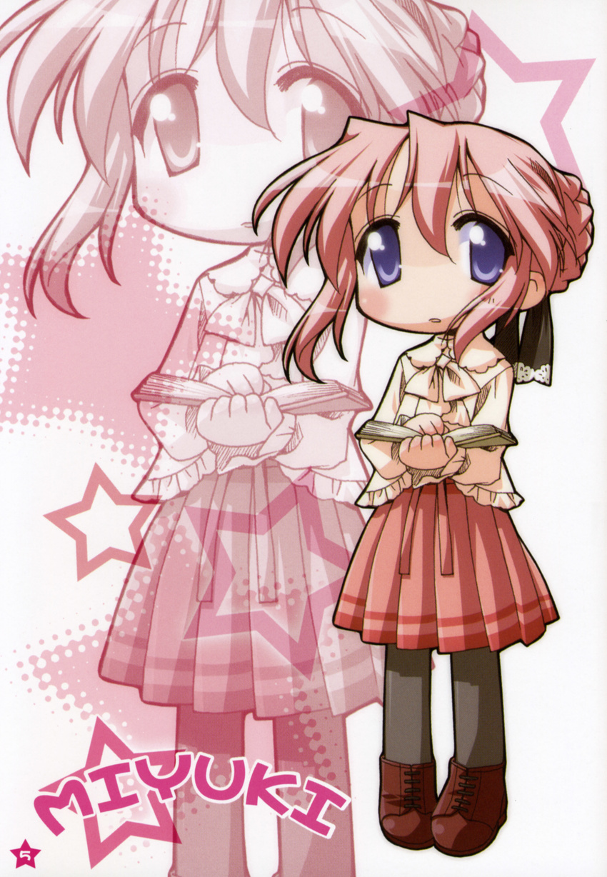 absurdres alternate_hairstyle blush book braid frills hair_ribbon highres lucky_star pantyhose pink_hair pleated_skirt purple_eyes ribbon side_braid skirt solo takara_miyuki yoshimizu_kagami