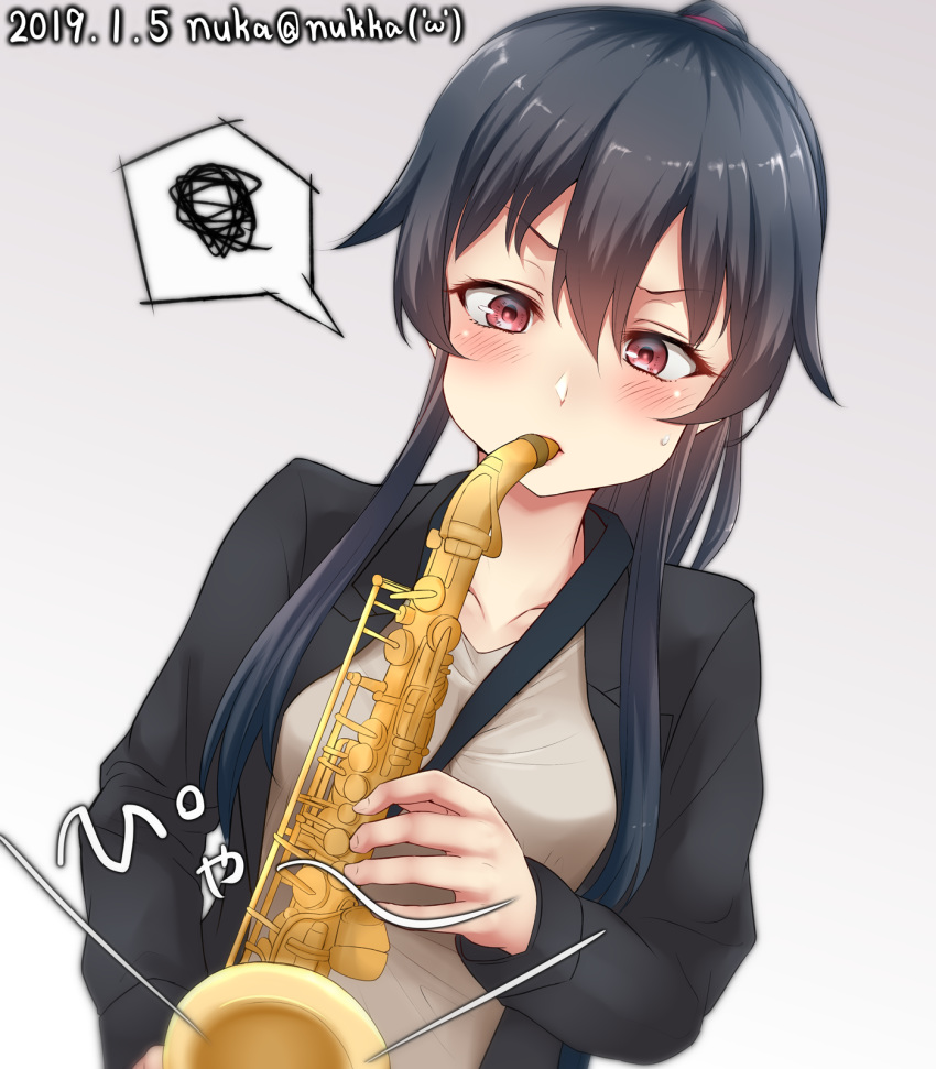 1girl alternate_costume black_hair black_jacket blush collarbone dated eyebrows_visible_through_hair gradient gradient_background grey_background hair_between_eyes highres instrument jacket kantai_collection long_hair long_sleeves music nuka_(nvkka) playing_instrument ponytail red_eyes red_scrunchie saxophone scrunchie shirt sidelocks solo speech_bubble spoken_squiggle squiggle twitter_username upper_body white_shirt yahagi_(kantai_collection)