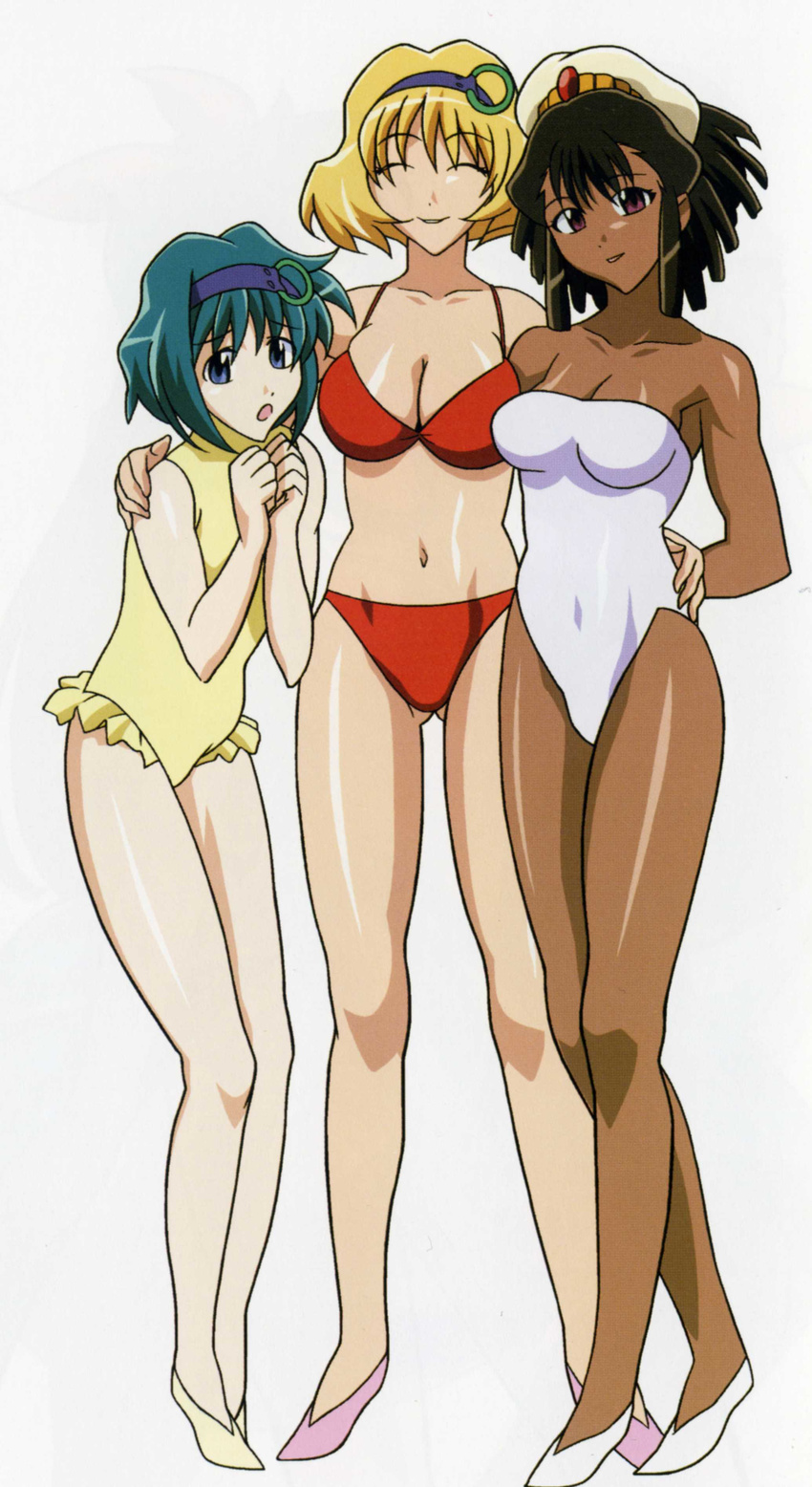 absurdres amarone_slaintheav belvedere_coco bikini blonde_hair blue_eyes blue_hair breasts brown_hair celtic_midori closed_eyes dark_skin hairband hat highres kuroda_kazuya large_breasts multiple_girls non-web_source short_hair smile swimsuit vandread