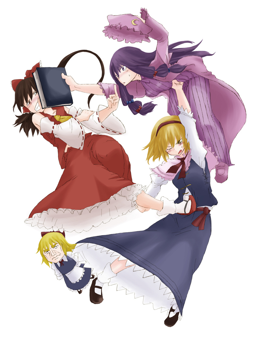absurdres alice_margatroid apron battle blonde_hair book bow brown_eyes brown_hair capelet chomoran colorized crescent detached_sleeves doll dress futami_yayoi hair_bow hair_ribbon hairband hakurei_reimu hat highres kicking mary_janes middle_finger multiple_girls one_eye_closed patchouli_knowledge punching purple_eyes purple_hair ribbon shanghai_doll shoes tears touhou yellow_eyes