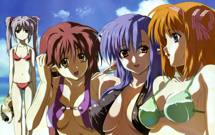 adjusting_hair beach bikini blue_eyes blue_hair breasts breasts_apart covered_nipples day fuyou_kaede hair_ribbon hair_tucking highres hosoda_naoto large_breasts lisianthus megami multiple_girls nerine orange_eyes orange_hair outdoors pointy_ears primula purple_eyes red_eyes red_hair ribbon shuffle! silver_hair stuffed_animal stuffed_cat stuffed_toy swimsuit twintails