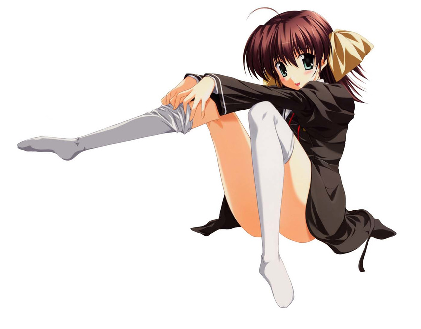 :p blush brown_hair ef feet green_eyes legs looking_at_viewer miyamura_miyako nanao_naru no_shoes ribbon school_uniform thighhighs thighs toe-point tongue tongue_out white_legwear