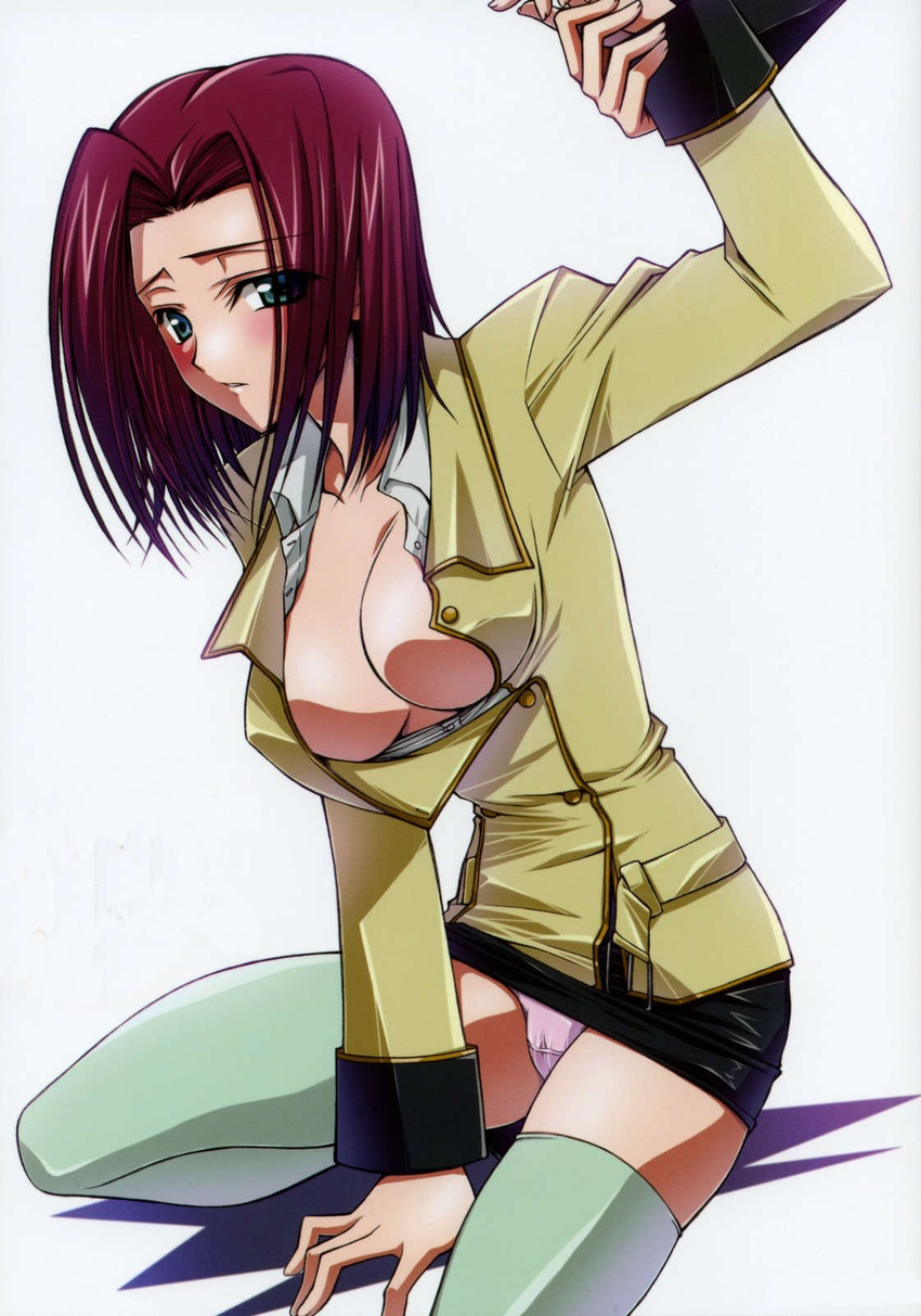 akazaki_yasuma ashford_academy_uniform blue_eyes blush breasts cleavage code_geass green_legwear highres kallen_stadtfeld large_breasts miniskirt open_clothes open_shirt panties pantyshot pencil_skirt pink_panties red_hair school_uniform shirt short_hair skirt solo_focus thighhighs underwear wrist_grab