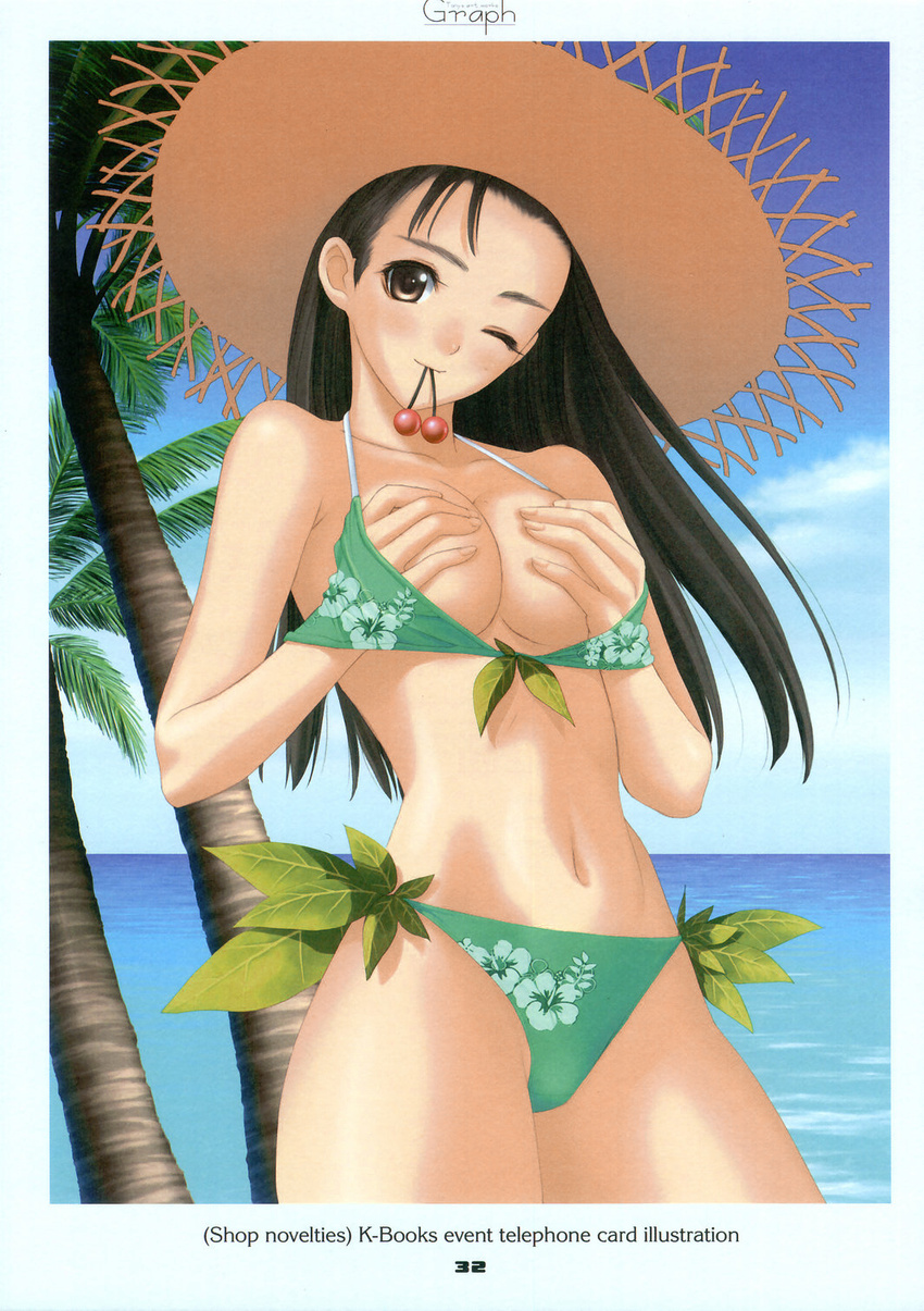 beach bikini black_hair breasts brown_eyes copyright_request covering covering_breasts day hat highres long_hair medium_breasts mouth_hold one_eye_closed solo straw_hat sun_hat swimsuit tanaka_takayuki