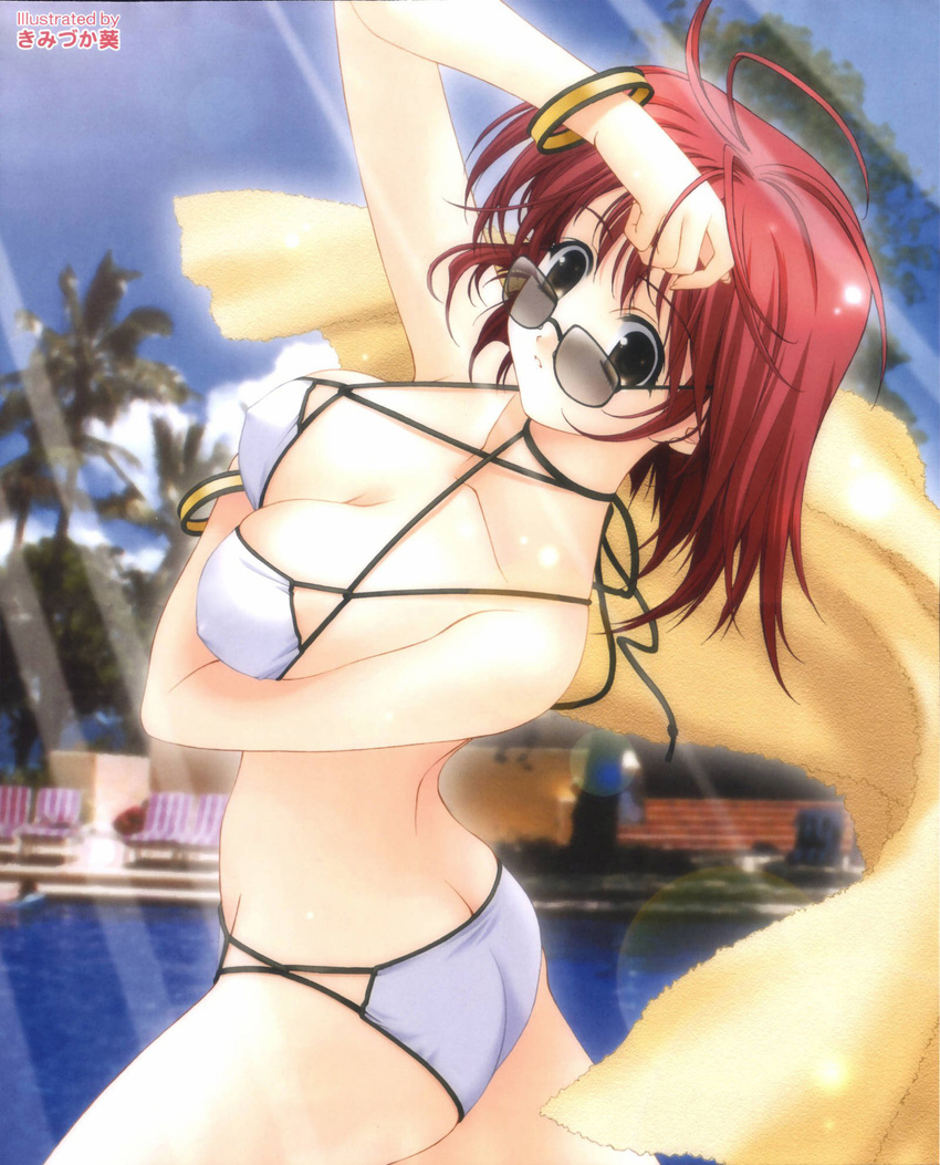 antenna_hair arched_back bikini bracelet breasts butt_crack cleavage copyright_request covered_nipples day grey_eyes highres jewelry kimizuka_aoi large_breasts lens_flare pool poolside red_hair short_hair solo sunglasses swimsuit towel white_bikini