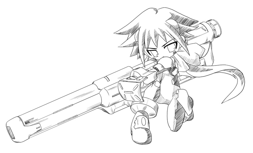 bodysuit chibi dieci_(nanoha) full_body greyscale holding holding_weapon huge_weapon lyrical_nanoha mahou_shoujo_lyrical_nanoha_strikers monochrome numbers'_uniform numbers_(nanoha) simple_background solo weapon white_background yuuka_(o.t.kingdom)