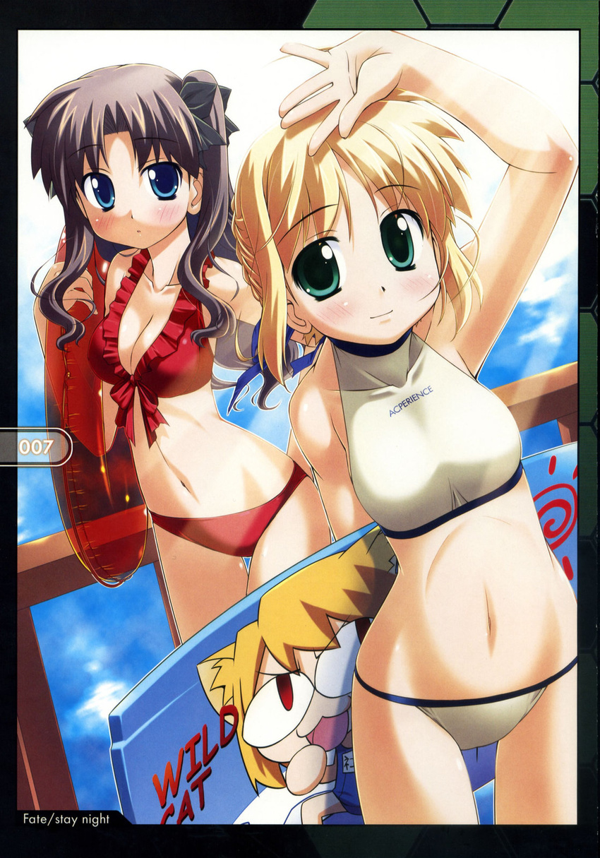 artoria_pendragon_(all) bakutendou bikini blonde_hair blue_eyes breasts brown_hair cleavage fate/stay_night fate_(series) green_eyes highres large_breasts lowleg lowleg_bikini medium_breasts multiple_girls nekoarc saber surfboard swimsuit toosaka_rin tsukihime