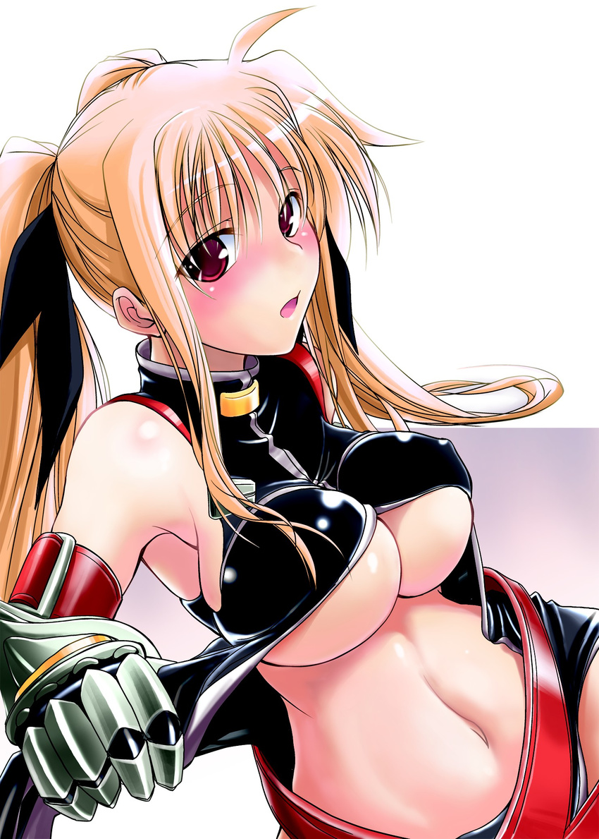 blonde_hair breasts fate_testarossa highres large_breasts long_hair lyrical_nanoha mahou_shoujo_lyrical_nanoha_strikers midriff non-web_source red_eyes soba_(saz) solo twintails underboob undressing