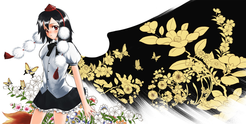 bad_id bad_pixiv_id black_hair black_wings bug butterfly flower hat insect lakuhito looking_at_viewer red_eyes ribbon shameimaru_aya short_hair solo touhou wings